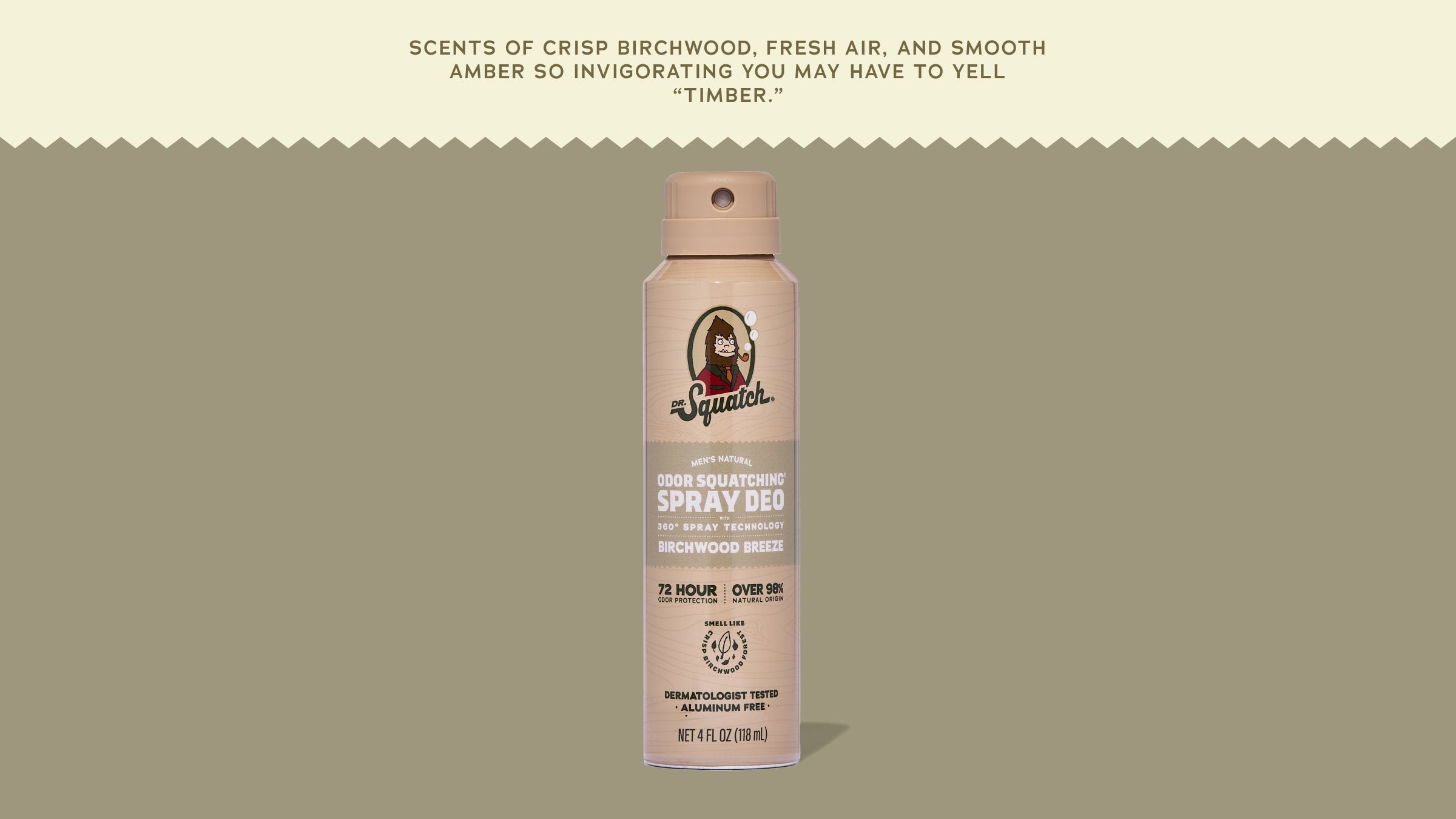 Brand and ingredient story panel for Dr. Squatch Birchwood Breeze Spray Deodorant