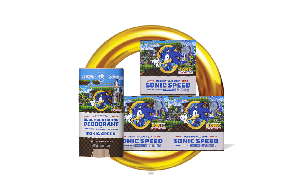 Sonic-themed deodorant packaging with a yellow circular object in the foreground.
